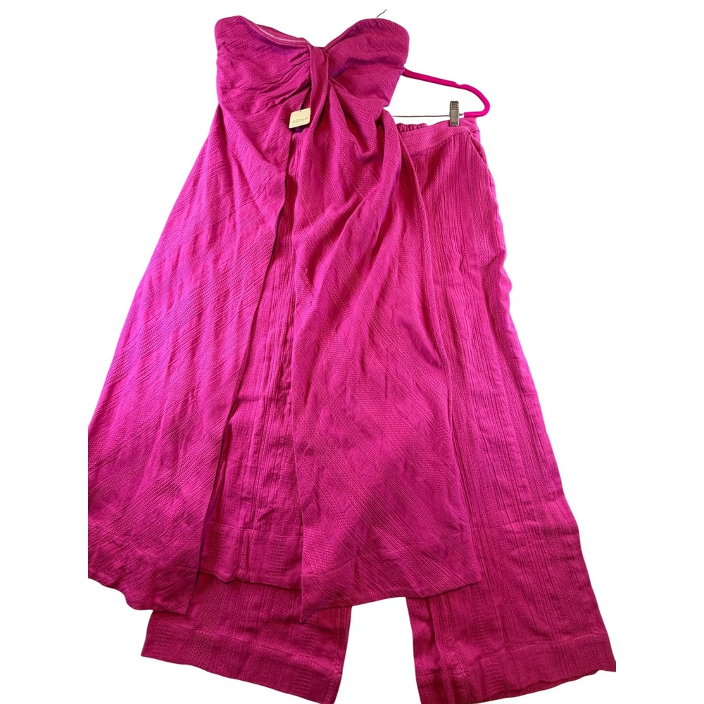 Free People Two Piece Set Magenta Pink Strapless Bow Top Wide Leg Pants Small